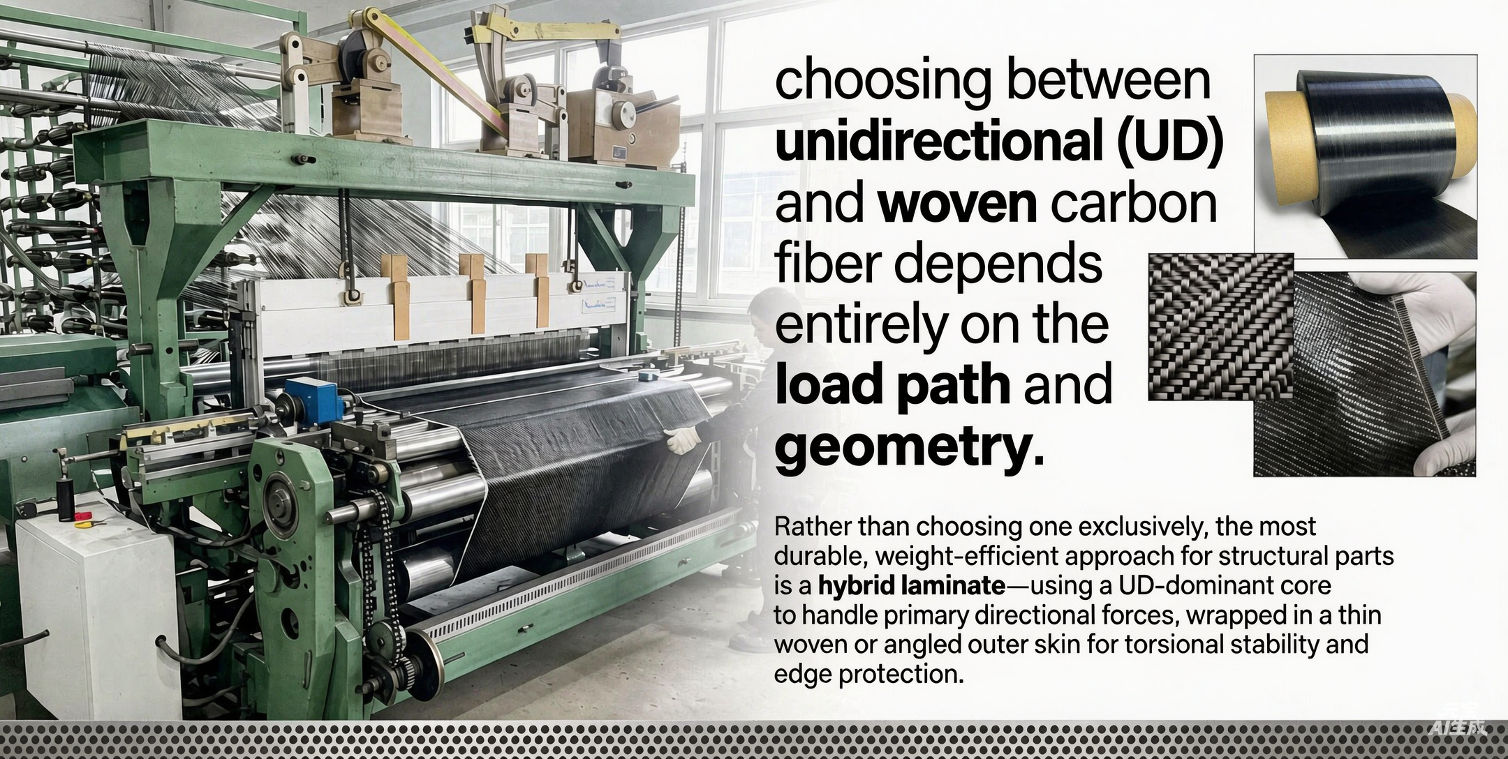 choosing betweenunidirectional (UD)and woven carbonfiber dependsentirely on theload path andgeometry